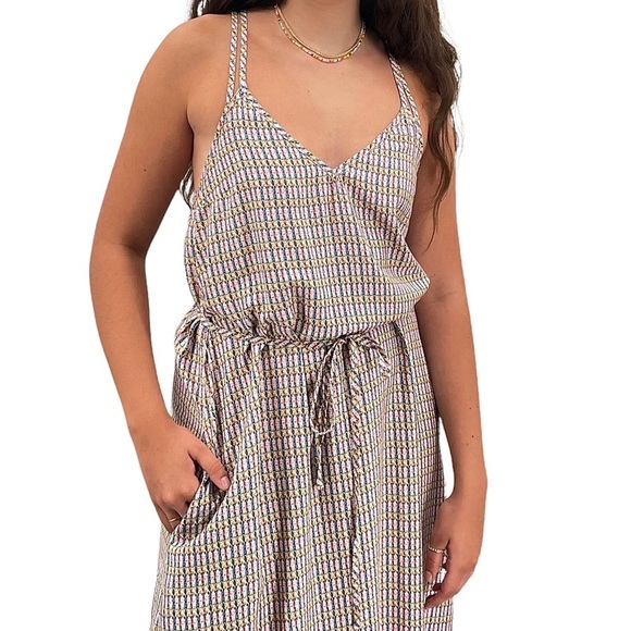 GAP Maxi Dress Tie Waist Sleeveless V-Neck Pockets Mixed Print Rayon Pink | Sz M - Picture 5 of 14